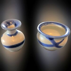 Vintage Whitefish Pottery Blue & White Glaze Miniature Bowl & Vase Set 1995-2005